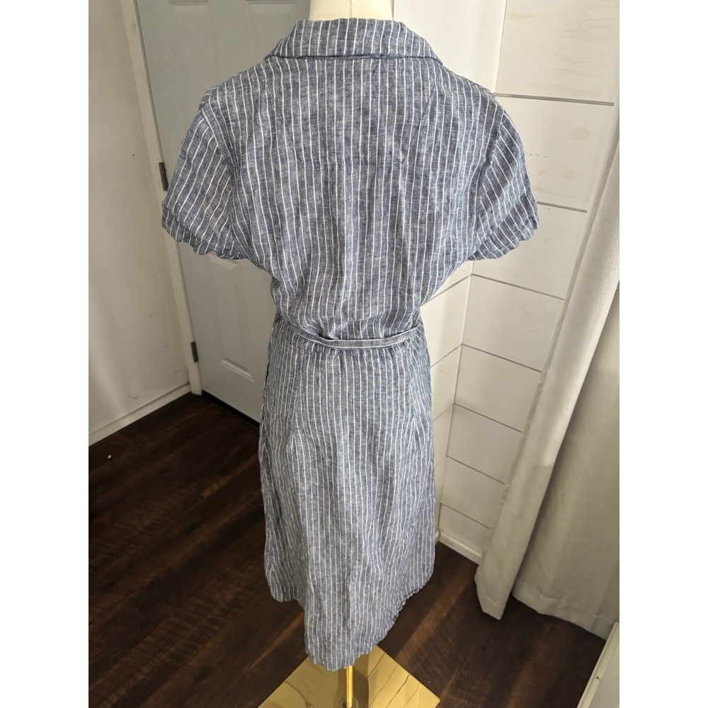 Quince Dress Womens Small Blue Striped Linen Button Collared Belted Midi Shirt - Picture 5 of 10